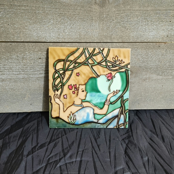 Other - Art Nouveau Style Ceramic Tile with Mermaid and Nature Design